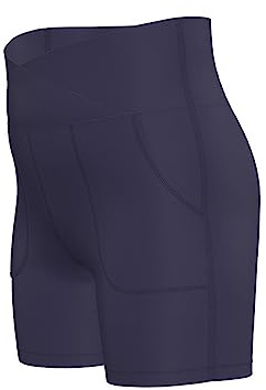 Short de sport fin avec poches pour fille - Contrôle du ventre - Taille croisée - Pour vélo, volley-ball, danse, gymnastique, bleu marine, 13-14 Ans