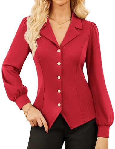 GRACE KARIN kvinnors knappblus elegant smal passform midjeskjorta klassisk krage blus, Röd, XL