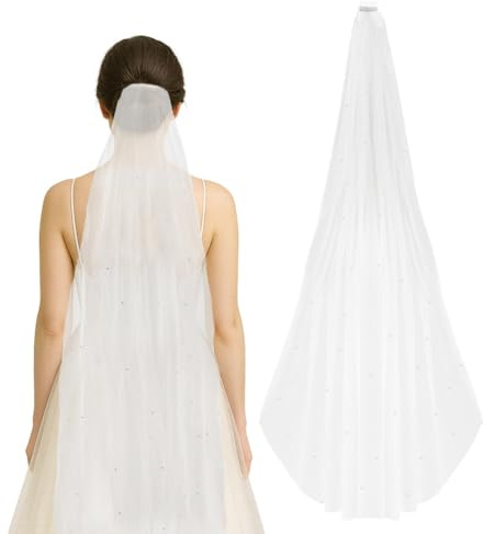 PH PandaHall Wedding Veil, Pearl Beaded Bridal Veil Body Length White Tulle with Comb Soft Bride Wedding Veils for Engagement Chapel Bachelorette Party Ceremony Shower Photoshoot, 98x59 inch