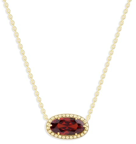 Belacqua Garnet Gemstone Necklace in 14K Gold Plated Sterling Silver, Oval Pendant Size 6*12mm, 15 Cable Chain with 2 Extender, Spring Ring Clasp, January Birthstone Necklace for Women, Gift Box Included