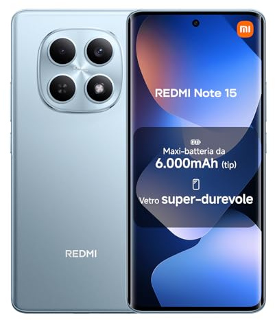 XIAOMI Redmi Note 15, Smartphone 6+128GB, Batteria da 6000 mAh, Resistenza all’acqua, Fotocamera super nitida da 108 MP, Display FHD+ da 6,77, Blu Ghiacciaio, Garanzia 2 anni, Caricatore non incluso
