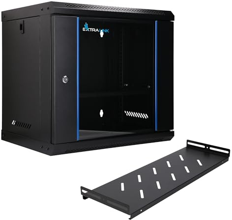 Extralink Armario Rack de 19 9U - Armario de Red de 400 mm, Estante Incluido, Montaje en Pared o Suelo, hasta 60 kg, Apertura de 180°, Negro - para Red doméstica y Equipos informáticos