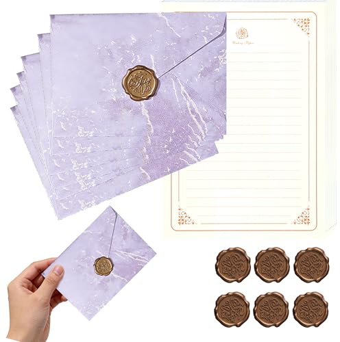 HaploS Kit Rétro Papier à Lettre Vintage avec Enveloppes et Sceaux | 6 Enveloppes Style Marbre + 20 Feuilles A5 + 6 Sceaux – Set Papeterie Rétro pour Lettre Manuscrite, Mariage, Invitation