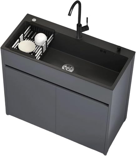 Lavello da Esterno Autoportante con Mobile per Giardino e Officina, lavabo in acciaio inox nero, corpo in alluminio alveolare con piedini regolabili, miscelatore caldo/freddo e kit di scarico inclusi