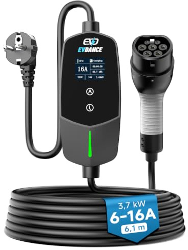 EVDANCE Cargador Coche Electrico 3,68kW, 6-16A, 6,1m, Portátil IP66