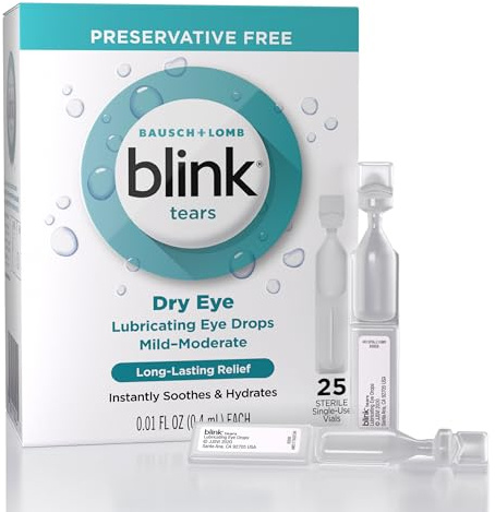 Blink Tears Lubricating Eye Drops Preservative Free, Moisturizing & Soothing for Mild to Moderate Dry Eye, with Hyaluronate, Reduces Discomfort, Long-Lasting Hydration, 0.01 Single-Use Vials, 25 Count