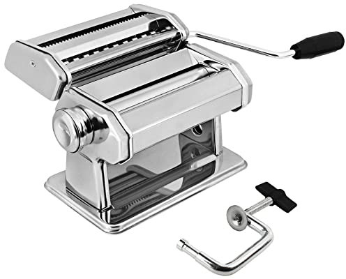 AMOS ® 3 in 1 Heavy Duty Stainless Steel Professional Fresh Pasta Lasagne Spaghetti Tagliatelle Maker Machine Cutter with 3 Cut Press Blade Settings with Table Top Clamp Kitchen Set (Silver)
