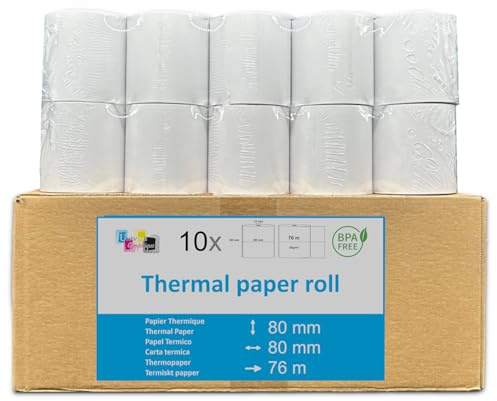 lot de 10 - Bobine Papier Thermique, 80 x 80 x 12 mm, rouleaux thermique 80x80x12 pour ticket de caisse - bobines de papier thermiques pour imprimante, caisse enregistreuse