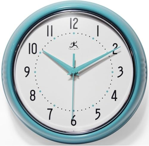 Infinity Instruments LTD. Retro 9 inch Silent Sweep Non-Ticking Mid Century Modern Kitchen Diner Wall Clock Quartz Movement Retro Wall Clock Decorative (Turquoise)…