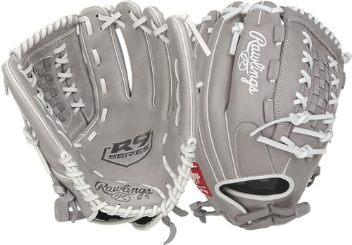 Rawlings R9sb125-18g-3/0, Guanti da Softball Bambina, 31,8 cm – Rete a Doppio Pizzo – Grigio/Bianco, 12.5 inch-Double Basket Web
