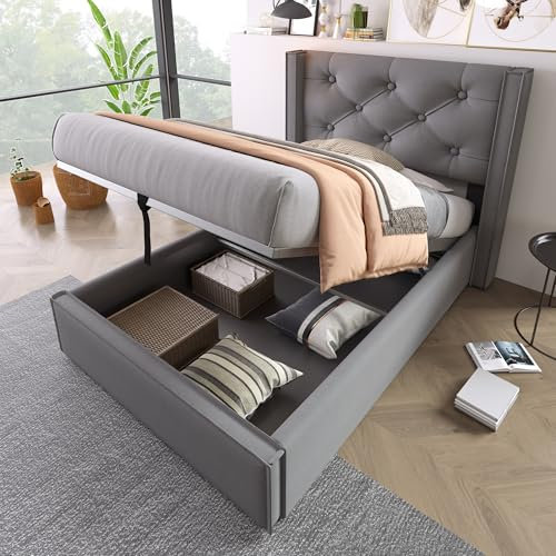 Kayan Hydraulisch Einzelbett Polsterbett 90x200cm, Bett mit Lattenrost aus Metallrahmen, Modernes Bettgestell mit Stauraum, Baumwolle (Grau, 90x200cm)