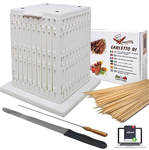 CUBO per ARROSTICINI 81 fori con coltello e 100 stecconi per la Migliore e Facile Produzione di Arrosticini, Spiedini Carne, Pesce, Frutta, Kebab, Barbecue SOUVLAKY
