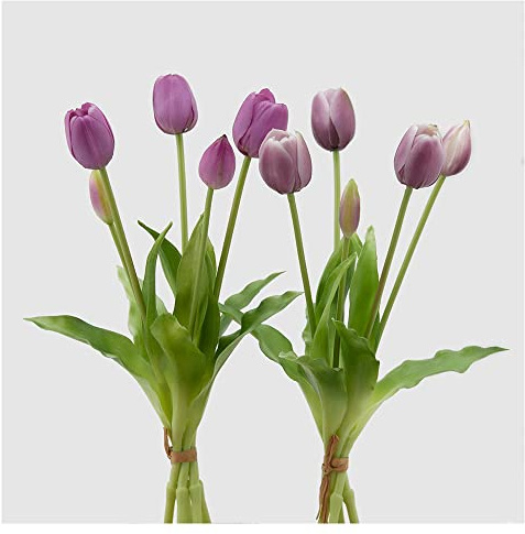 EDG Enzo de Gasperi Tulipano gommoso Fiore Artificiale per Decorazione da Esterno, Bouquet 5 Tulipani Finti 2 Varianti Bianco/Viola