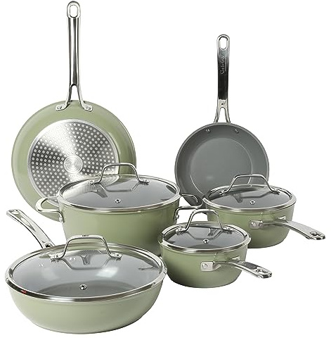 Sur La Table Kitchen Essentials 10 Piece PFA Free Non-Toxic Titanium Ceramic Nonstick Interior Forged Aluminum Cookware Pots and Pans Set - Green - Induction Compatible