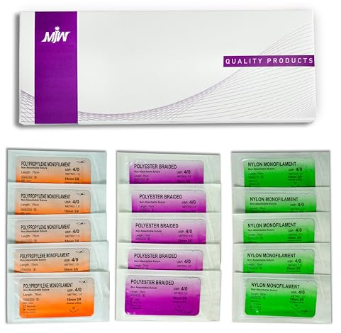 MJW Nahtfäden – 15 Stück, idealer Naht-Übungsfaden für Studenten, Nahtübungen – 4/0 geflochtene und monofile Übungsnähte