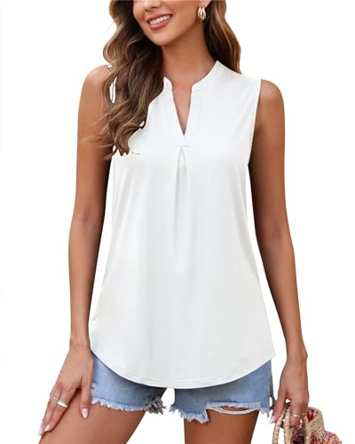 WNEEDU Camiseta de Verano para Mujer Camisetas con Cuello V Blusa Camisas Sin Mangas Casual Tank Tops(Blanco,M)