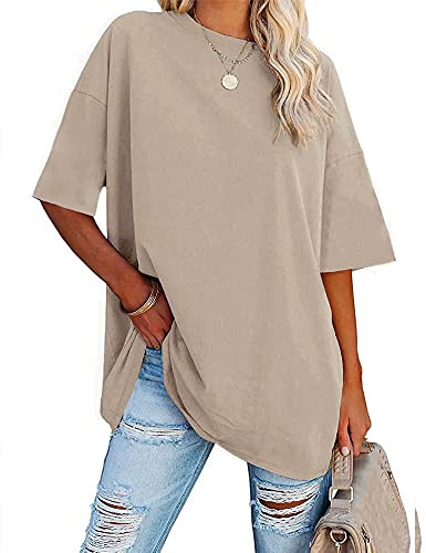Ebifin Dam oversize t-shirt rund hals kortärmade toppar casual lös basic sommar t-shirts skjortor blus.