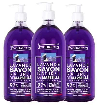 EVOLUDERM - Savon Naturel de Marseille Lavande - 1000 ml - 97% d’Origine Naturelle - Végan - Fabrication Française - Lot de 3 x 1000 ml