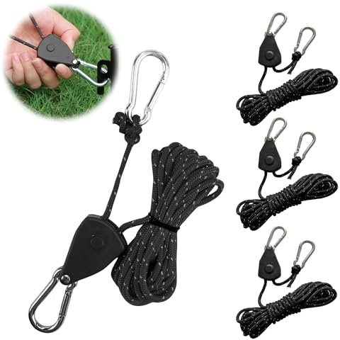 Gcffom 4 Stück 4mm Reflektierend Abspannseile Seil mit Seilspanner, 4M Seil Ratsche Zeltschnur Leuchtend, Einstellbare Nylon Schnurspanner Camping Schnur Sturmband für Sonnensegel Wäscheleine
