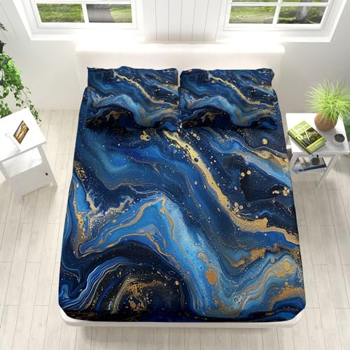 Moderner Abstrakter Geometrischer Marmorblauer Design Spannbettlaken 140x200cm Weiche Mikrofaser Boxspringbett Bettlaken, Spannbetttuch, Rund-um Elastischem Gummizug, für Matratzen von 5-30 cm