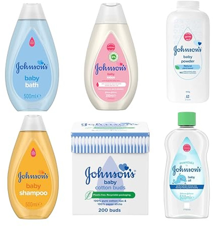 Johnson's Baby Bath Time Bundle & Baby Cotton Buds 200: Gentle Daily Care Baby Shampoo, Baby Oil, Baby Lotion, Baby Powder & Baby Bath Set Complete Care for Your Little One's Delicate Skin