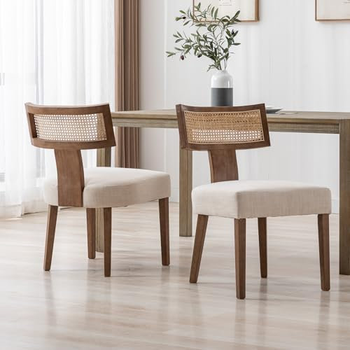chairus Küchenstühle 2er Set Esszimmerstühle Holz Vintage Seitenstühle Polsterstuhl mit Rattan Rückenlehne für Wohnzimmer (Beige)