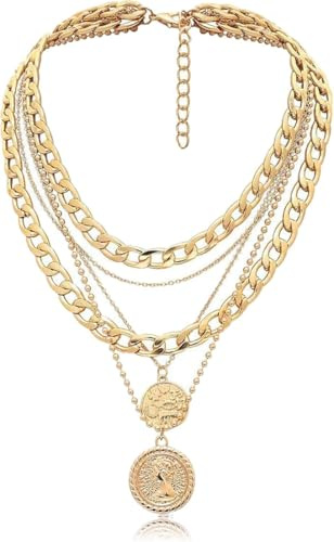 Xuigort Punk Chunky Chain Necklace, Layered Cuban Link Chain Multilayer Carved Coin Round Hip Hop Pendant, Thick Choker Jewelry for Women (Gold)