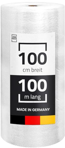 LOGIC PACK Luftpolsterfolie Rolle 100m x 100cm, 50my 2-lagig - Bubble Wrap Verpackungsmaterial für Umzug, Versand, Verpackung, Premium Starke Noppenfolie Polstermaterial 100% recycelbar LPF Rolle