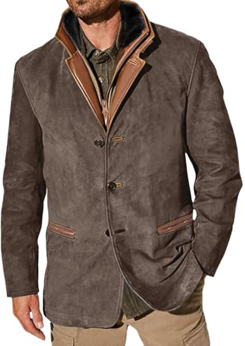 Vestes vintage en daim pour hommes, blazer double couche à revers en fourrure, col en cuir, longueur moyenne, blazer d'extérieur pour l'automne et l'hiver Mode Outwear