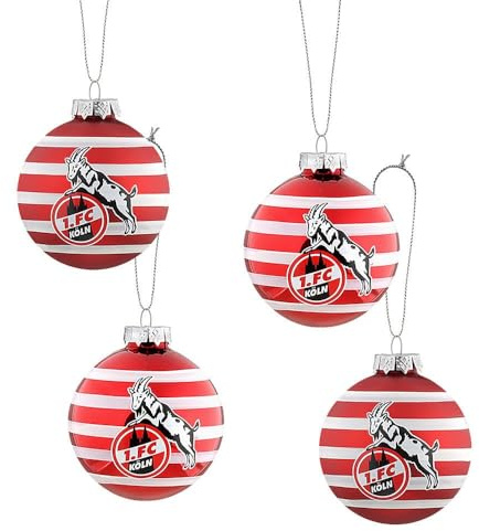 1. FC Köln Weihnachtsbaumkugeln „Ringel“ 4er Set: Fußball-Club-Weihnachtsbaumkugeln, Glas, Klassisch, Hängend, Weihnachten
