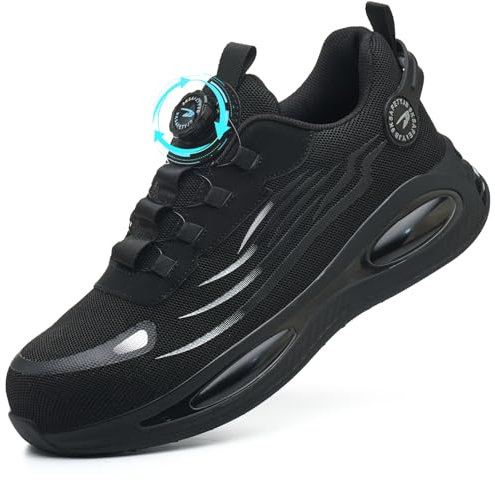 GUDECIUS Sicherheitsschuhe Arbeitsschuhe Herren Damen Leicht Stahlkappenschuhe Arbeitsschutzschuhe Atmungsaktiv rutschfeste Drehverschluss Arbeit Versicherung Schuhe Unisex Schwarz 42 EU