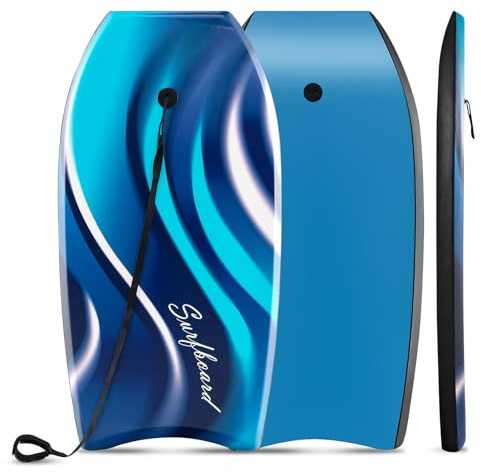 GYMAX Leichtes Bodyboard, Surfbrett mit EPS-Kern, XPE-Deck, HDPE-Unterseite, Halbmond-Heck & Handgelenksleine, Surfboard für Surfen, Schwimmbrett für Kinder & Erwachsene (104 cm,Wellenförmiges Muster)