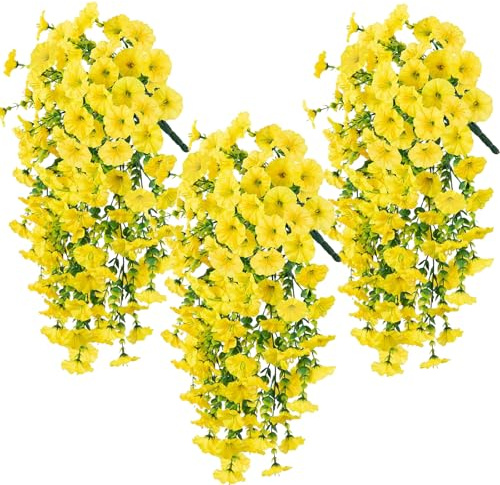 LIUYIDM 3 stycken konstgjorda hängväxter Morning Glory hängande växt konstgjorda blommor hängande hängande fällplantor, vattentät och solbeständig, för vardagsrum, balkong, trädgård (gul)