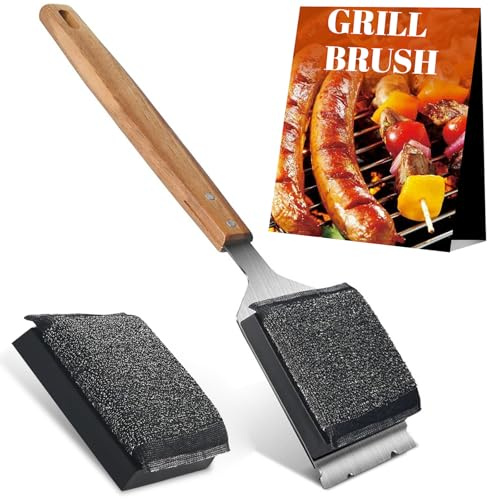 Spazzola per griglia in ghisa con 1 testina di ricambio, spazzola con raschietto in acciaio inox e manico lungo in legno, migliori accessori per barbecue a carbonella, griglie in ceramica, regali per