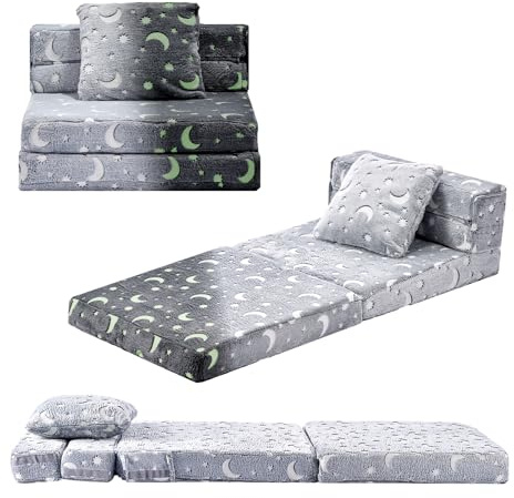 VEVOR Canapé pour Enfants Convertible en Chaise Longue et Lit, Sofa Tout-Petits Pliable et Moelleux, Phosphorescent, en Éponge 28D et Flanelle, pour Chambre d’Enfants Salle de Jeux, Taille M, Gris