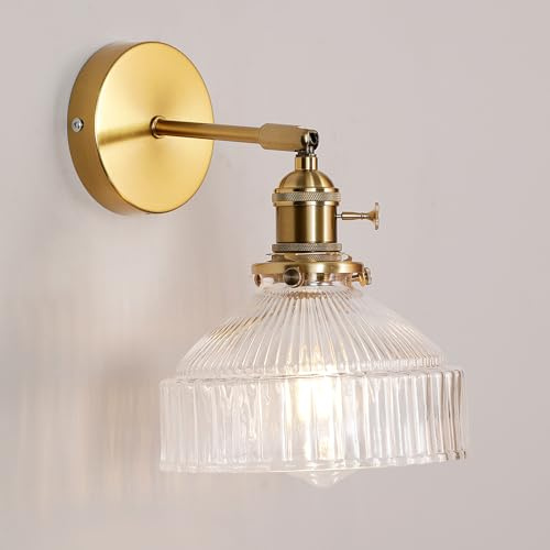 GreeLustr Gold Wall Light Adjustable Head Knob 6.7″ Conical Glass Shade | Rotary Switch E27 Industrial Brass Vintage Finish Retro Indoor for Living Room Bedroom Bathroom Vanity Mirror