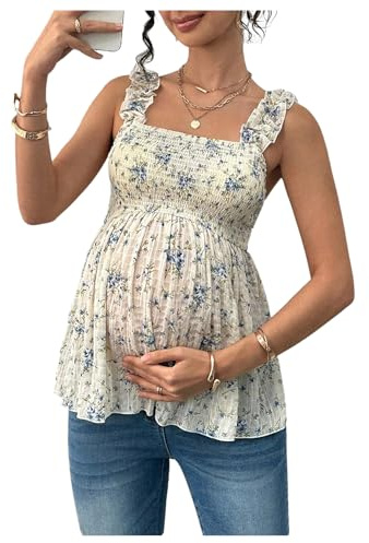 SweatyRocks Women's Maternity Tank Tops Floral Babydoll Top Square Neck Smocked Peplum Blouse Shirts Beige Blue Large