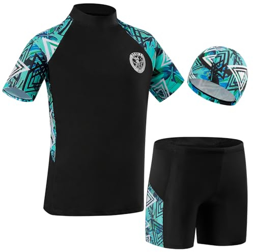 KAKU NANU Maillot de Bain Enfant Garcon Anti UV Bonnet Piscine Enfant Short de Bain Garcon Manche Courtes 5 6 Ans