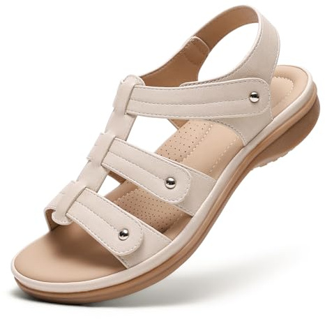Littleplum Sandales pour Femmes à Soutien Plantaire Sandales Confortables Sandales plates d'été, Beige, 42 EU
