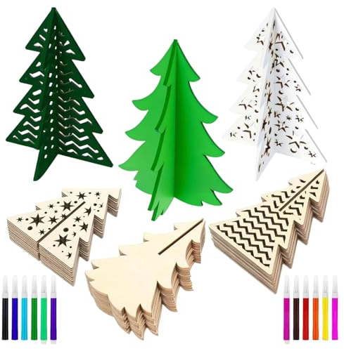 Träträd för, 3D oavslutad växtsilhuett dekoration - 48 st DIY trätrimning med färgglada markörer set - för barn och vuxna jul bricka i