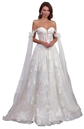 TSxuelian Élégantes robes de mariée en dentelle à bretelles spaghetti pour femmes, robes de mariée à encolure en cœur, blanc, 38