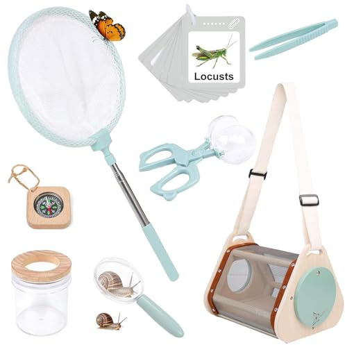 BOFITENG Kit de explorador y juego de atrapa insectos para niños, juego de jaula de observación de insectos de madera con redes de mariposas, lupas, contenedores para escarabajos para niños a partir