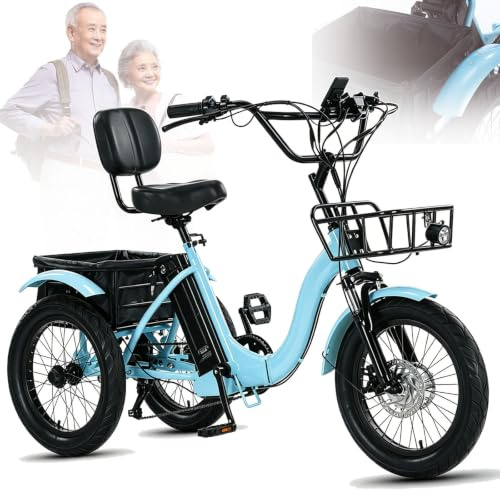 BoluDukNN Triciclo Eléctrico para Adultos/Triciclo Eléctrico,18 Pulgadas Plegable De 3 Ruedas con Neumáticos Anchos, Cesta Grande Y Pantalla LCD,Faro LED,Triciclo para Conducción Al Aire Libre Blue