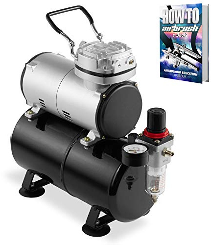 PointZero 1/5 HP Airbrush Compressor with Air Tank, Regulator, Gauge and Water Trap - Quiet Portable Pump Silver