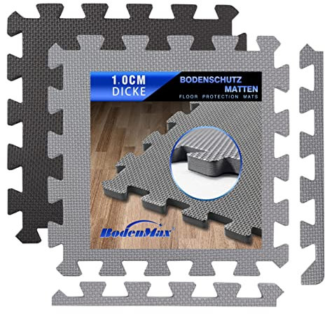 Eva Bodenschutzmatte Fitness 30x30x1cm – Puzzlematte rutschfest & stoßdämpfend – 18 Stück grau – Bodenmatte für Fitnessgeräte, Kinderzimmer, Garage – 1,66 m² Fläche
