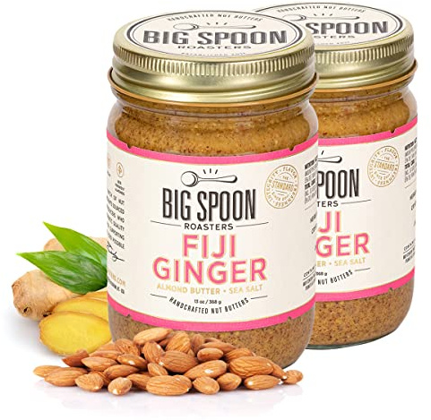 Big Spoon Roasters Fiji Ginger Almond Butter with Sea Salt - Keto Friendly, Low Sugar Almond Butter - Crunchy & Bee-Friendly Almonds - Gourmet & Pure Almond Nut Butter - 2 x 13 Ounces