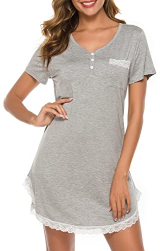 Vlazom Chemise de Nuit Femme Manche Courte Ete Robe de Nuit ,Style A-gris,XL