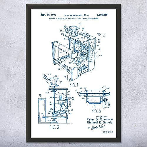 Framed Potters Wheel Print, Pottery Wall Art, Potter Gifts, Pottery Class Decor, Artist Gift, Ceramics Store Art Blue & White (9x12)