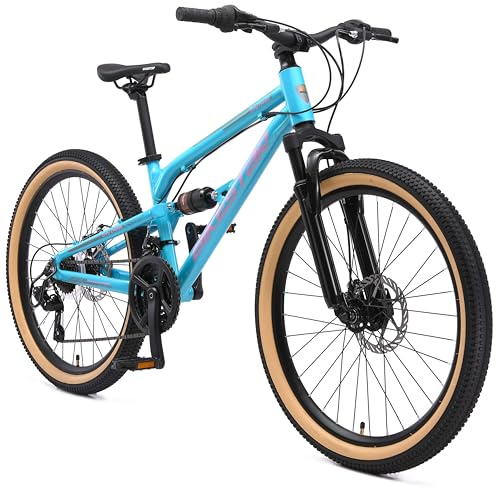 BIKESTAR VTT Vélo Tout Terrain Tout Suspendu pour Enfants de 9 Ans | Bicyclette 24 Pouces 21 Vitesses Shimano, Freins Disque | Bleu