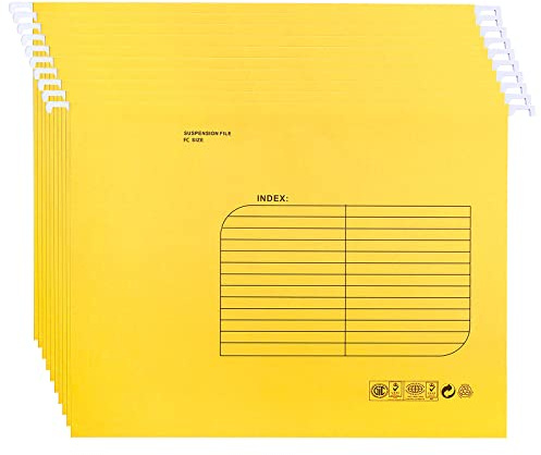 25 Pezzi Cartelle Sospese Foolscap, Cartelline da Appendere con Linguette e Inserti per Ufficio, Scuola, Casa, Organizzazione(Giallo)